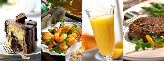 food picture - cake, shrimp, orange juice, steak